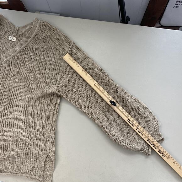 POL Sweater Womens Medium Taupe Double V Neck Oversized Slouchy Chunky Open Knit - Picture 8 of 14